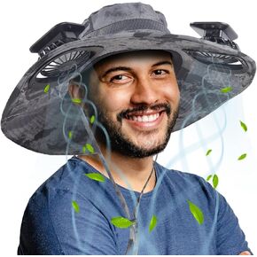 Solar Fan Sun Hat, Widen Brim Outdoor Fishing Men Hat with 2 Fans, Adjsutable 180°Rotating Cooling UPF 50+