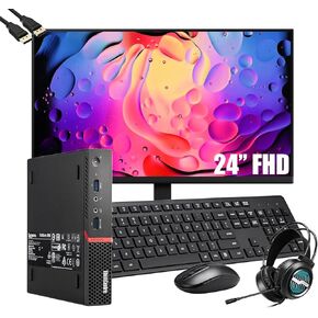 Lenovo ThinkCentre M910Q Tiny Desktop Computer Mini PC with New 24 Inches FHD Monitor, Intel Quad Core i5-6500T, 16GB DDR4, 256GB SSD, Headphone, Keyboard & Mouse, Windows 10 Pro (Renewed)