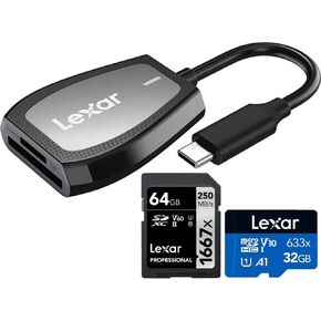Lexar LRW470U-RNHNU Pro USB-C Dual-Slot Reader Bundle with Professional 1667x 64GB SDXC UHS-II Memory Card + 633x microSDHC/microSDXC UHS-I 32GB Memory Card