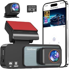 الكاميرا الأمامية والخلفية Dashcam ، 2025 4K Dash Cam ، WDR Night Vision ، بطاقة 64 جيجابايت متضمنة ، Wi-Fi ، G-Sensor ، شاشة وقوف السيارات على مدار 24 ساعة ، تسجيل حلقة ، لنظام التشغيل iOS/Android (3.2 "شاشة)