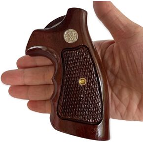 BMPL Hardwood 5&W K/L Frame Square Butt Revolver Handgun Grips Finger Groove Checkered Handcraft Handmade Deluxe Dark Brown Glossy #KS136