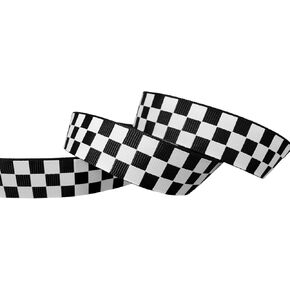 Black Grosgrain Ribbon White Checkered Printed, 7/8 Inch 10 Yards