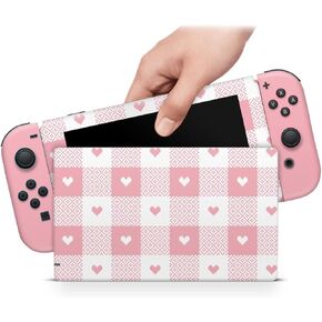 ZOOMHITSKINS OLED Switch Skin, Compatible with Switch OLED Skin Wrap, Gingham Vintage Striped Cute Kawaii Princess Heart Pink Beige Pastel, 3M Vinyl for Durable & Fit, Made in The USA
