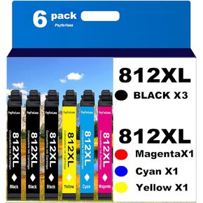 812XL Remanufactured for Epson 812XL Ink cartridges Combo Pack for Epson 812 T812 XL for Epson Workforce Pro WF-7840 WF-7820 WF-7310 EC-C7000 Printer (812XL 6 Pack 3 Black 1 Cyan 1 Magenta 1 Yellow)