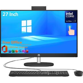 HP 27" All-in-One Desktop Computer, FHD IPS Anti-Glare Touchscreen, Intel 12-core Ultra 7 155U, Intel IrisX GPU, 64 GB DDR5, 1 TB SSD, Wi-Fi 6, Windows 11 Pro, Lifetime Office Pro, w/Accessories