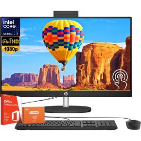 HP All-in-One Desktop Computer 27 Inch, Intel 12-core Ultra 7 155U, Intel IrisX GPU, FHD IPS Anti-Glare Touchscreen, 32 GB DDR5, 2 TB SSD, Wi-Fi 6, Windows 11 Pro, Lifetime Office Pro, w/Accessories