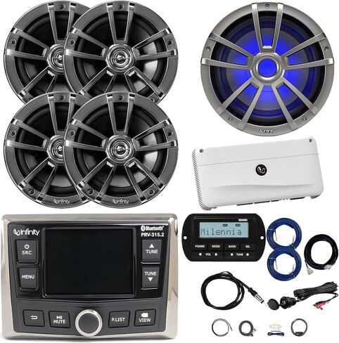 Infinity PRV-315.2 Marine Gauge Hole Mount Bluetooth AM/FM/WB مستقبل ، عن بعد ، تمديد ، أمبير ث/مجموعة ، سلك ، محول USB ، هوائي ، 10 "مضخم صوت LED ، 4x 6.5" 225W مكبرات صوت (أبيض ، عبوة كبيرة)) in Saudi Arabia
