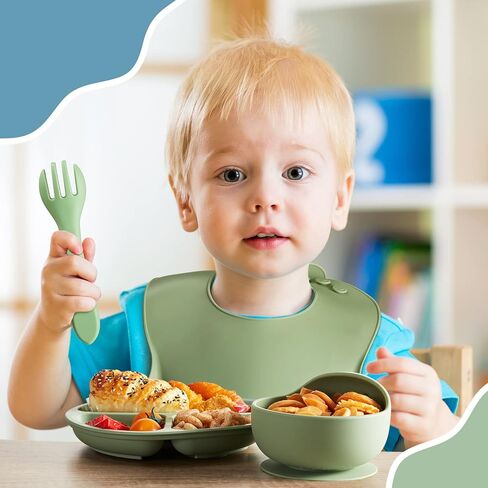 10 Pack Silicone Baby Feeding Set, Toddlers Led Weaning Feeding Supplies with Suction Baby Bowl Divided Plate Adjustable Bib Soft Silicone Spoon Fork, Infant Self Eating Utensil Set (Beige, Orange) in Kuwait