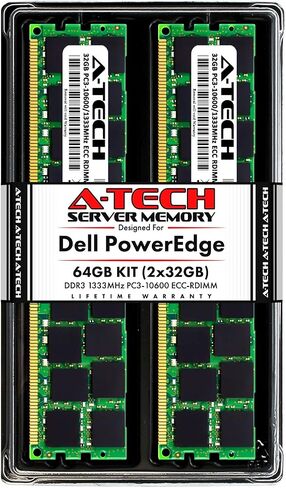 A-Tech 96GB (3x32GB) RAM لـ Dell PowerEdge R320 ، R420 ، R420XR ، R520 ، R620 ، R720 ، R720XD ، R820 ، R920 | DDR3 1333MHz ECC-RDIMM PC3-10600 4RX4 1.5V ECC مسجلة DIMM Server Memory Kit in Kuwait