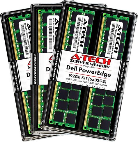 A-Tech 96GB (3x32GB) RAM لـ Dell PowerEdge R320 ، R420 ، R420XR ، R520 ، R620 ، R720 ، R720XD ، R820 ، R920 | DDR3 1333MHz ECC-RDIMM PC3-10600 4RX4 1.5V ECC مسجلة DIMM Server Memory Kit in Kuwait