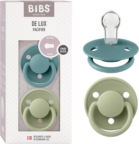 BIBS De Lux Baby Pacifier 2-Pack | Made in Denmark | BPA Free Dummy Soother, Round Nipple. Silicone, OneSize (0-36 Months), Island Sea/Sage in Saudi Arabia