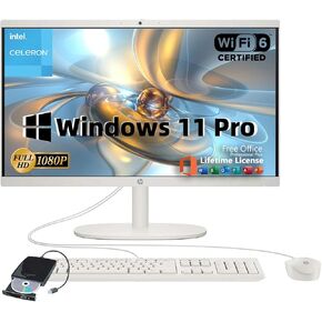 HP All-in-One Desktop • w/Office Lifetime & External DVD Drive • 21.5" FHD Display • Intel Celeron J4025 • Intel UHD Graphics • True Vision Camera • Wi-Fi 6 • Win 11 Pro • 16 GB RAM • 512 GB SSD