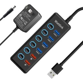 محور USB 3.0 مدعوم ، 6 منافذ محور الخائن مع محول الطاقة ، 4 منافذ بيانات + 2 منافذ الشحن السريع QC 3.0 ، مفاتيح LED فردية ، أسود