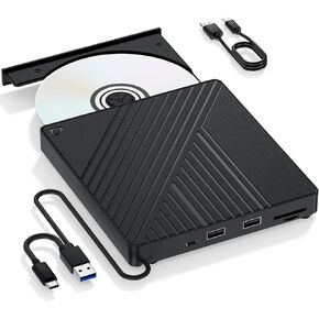 Ultra-Portable 5-in-1 External Blu-ray Drive: USB 3.0 & USB-C DVD/CD Burner, BD Reader with Dual USB-A Ports & SD/TF Card Readers – Seamless Laptop/PC Compatibility for Windows, Mac, Linux (5 IN 1)