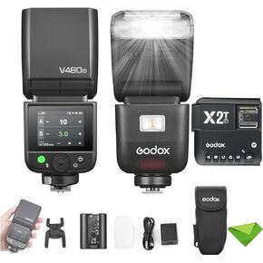 Godox V480 F V480-F TTL Flash لكاميرات Fuji W/X2T-F TRIGGER ، GN50 1/8000 HSS ، وقت إعادة تدوير 1.7S ، 2.4 جرام لاسلكي ، مصباح نمذجة مدمج ، 7.2V/2200MAH LI-ION SPEEDLIGHTLIGLE