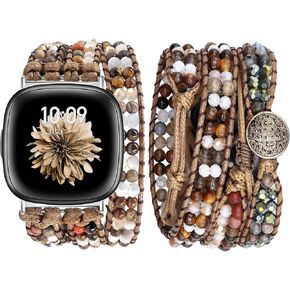 JR.DM Boho Beaded Band Women for Fitbit Versa 4/Versa 3/Sense 2/Sense Bands Natural Stone Bracelet Adjustable Handmade Braided Strap Smartwatch Replacement Wristband