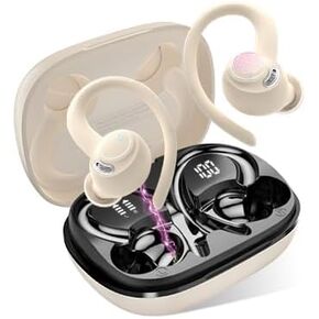 Jesebang Wireless Earbuds Bluetooth 5.4 Headphones Sport, 2025 Wireless Earphones with Earhooks, HiFi Stereo Deep Bass with ENC Mic, 40H Dual LED Display, IP7 Waterproof Ear Bud for Small Ear, Beige