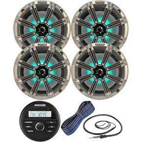 Kicker All-Weather Marine Gauge Style Bluetooth USB Stereo Receiver Bundle Combo with (QTY 4) 8" 2-Way 300W Max Coaxial Marine LED Speakers w/ Silver Grilles, 50-Ft 16-Gauge Wire, 22" Antenna