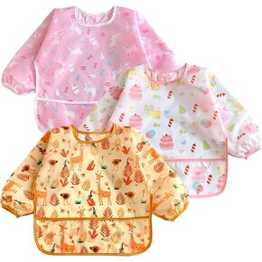 PandaEar Open Pocket Long Sleeve Bib 3-Pack Waterproof Crumb Catcher Apron