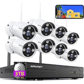 Wireless Security Camera System,SMONET 1080P 8 Channel Home Surveillance DVR Kits with 8pcs 2MP Full HD Cameras 3TB HDD Night Vision Motion Detection Free App for Indoor Outdoor 24/7 Video Recording
