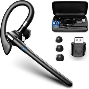 Wireless Business Bluetooth Earpiec Headset with 500mAh Charging Case Hands Free Noise Canceling Headphones with Dual-Mic for Computer Cell Phones Trucker Driving Home Office Work
