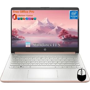 HP 14" Ultral Light Laptops, Intel Celeron N4120, 16GB RAM, 384GB Storage(128GB eMMC+256GB Micro SD), with Office Lifetime License & Windows 11 Pro, Long Battery Life, Wi-Fi, MicroSD, HDMI, Rose Gold