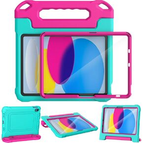 YIHE Kids Case for iPad (A16) 11th Generation 11 Inch 2025 & iPad 10th Generation 10.9 inch 2022, with Built-in Screen Protector and Handle Stand, Full Body Shockproof Protective Cover, CyanPink