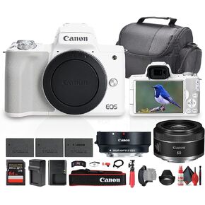 Canon EOS Kiss M / M50 Mirrorless Camera – White | 24.1 MP APS-C Sensor, Touchscreen, Wi-Fi (2680C001) + Canon 50mm Lens + EF-M Lens Adapter + 64GB Card + Bag + 2 x LP-E12 Battery + More (Renewed)