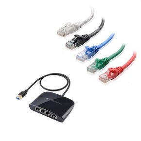 Cable Matters 5-Color Combo Snagless Short Cat6 Ethernet Cable 5 ft & USB 3.1 to 4-Port Gigabit Ethernet Switch (USB to Gigabit Ethernet Adapter)