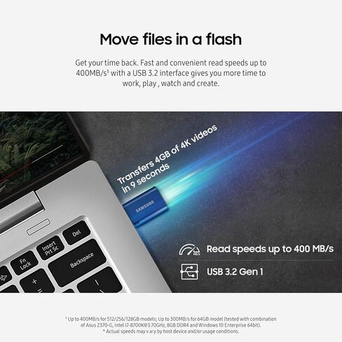 محرك أقراص فلاش Samsung Type-C USB ، 512 جيجابايت ، ملفات 4 جيجابايت في 11 ثانية مع ما يصل إلى 400 ميجابايت/ثانية 3.13 سرعات قراءة ، متوافقة مع USB 3.0/2.0 ، مقاومة للماء ، 2024 ، الأزرق ، MUF-512DA/صباح in Kuwait