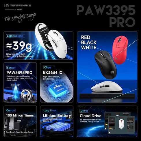 M3 Wireless Gaming Mouse with Lightweight 39g,PixArt PAW3395 PRO Sensor 40K DPI,Tri Mode-2.4G/Bluetooth/Wired,100M Clicks Micro Switch,Coiled Cable,Programmable for Win PC Mac(Black Tape) in Saudi Arabia