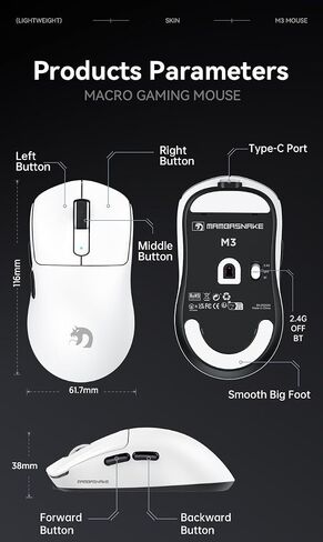 M3 Wireless Gaming Mouse with Lightweight 39g,PixArt PAW3395 PRO Sensor 40K DPI,Tri Mode-2.4G/Bluetooth/Wired,100M Clicks Micro Switch,Coiled Cable,Programmable for Win PC Mac(Black Tape) in Saudi Arabia