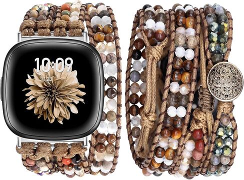 JR.DM Boho Beaded Band Women for Fitbit Versa 4/Versa 3/Sense 2/Sense Bands Natural Stone Bracelet Adjustable Handmade Braided Strap Smartwatch Replacement Wristband in Saudi Arabia