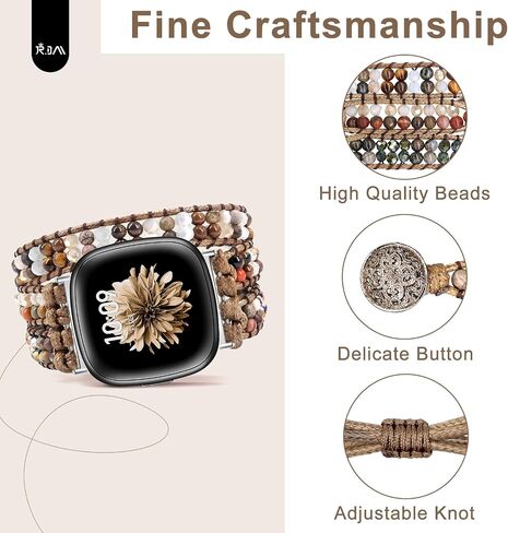 JR.DM Boho Beaded Band Women for Fitbit Versa 4/Versa 3/Sense 2/Sense Bands Natural Stone Bracelet Adjustable Handmade Braided Strap Smartwatch Replacement Wristband in Saudi Arabia