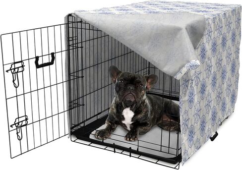 Ambesonne Abstract Geometry Dog Crate Cover, Style Motifs in Squares Rhythmic Arrangement, Easy to Use Pet Kennel Cover for Small Dogs Puppies Kittens, 18 Inch, Blue White in Kuwait