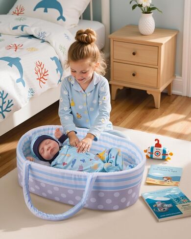 سرير أطفال من BABESIDE Reborn Baby Dolls قابل للطي وسرير أطفال وحامل دمية ناعمة مع مقبض لدمى الأطفال الأولاد مقاس 17-22 بوصة (أزرق) in Saudi Arabia
