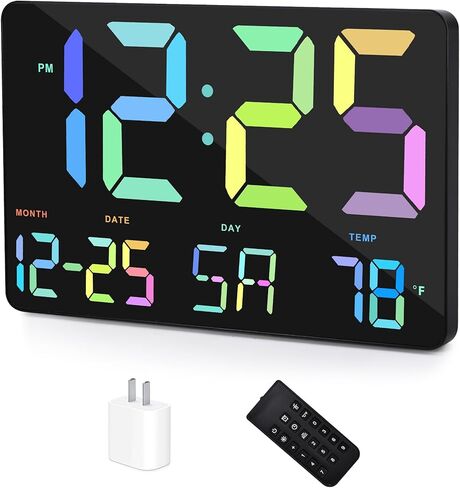 Amgico Digital Clock, 11.5" Large Display LED Calendar, 12H/24H, Brightness, Temperature, Alarm Clock with Snooze, Desk/Wall Clock for Bedroom, Living Room, Office, Classroom, Kids, Elderly - Rainbow in Saudi Arabia