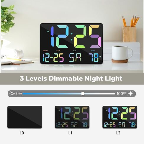 Amgico Digital Clock, 11.5" Large Display LED Calendar, 12H/24H, Brightness, Temperature, Alarm Clock with Snooze, Desk/Wall Clock for Bedroom, Living Room, Office, Classroom, Kids, Elderly - Rainbow in Saudi Arabia