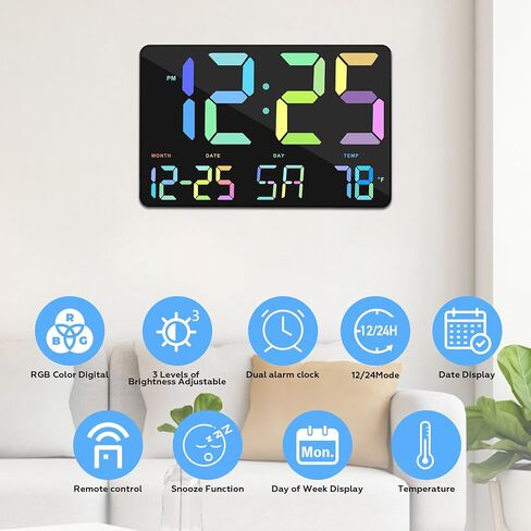 Amgico Digital Clock, 11.5" Large Display LED Calendar, 12H/24H, Brightness, Temperature, Alarm Clock with Snooze, Desk/Wall Clock for Bedroom, Living Room, Office, Classroom, Kids, Elderly - Rainbow in Saudi Arabia