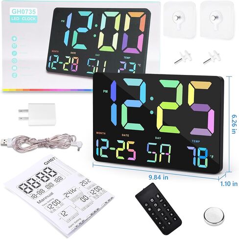 Amgico Digital Clock, 11.5" Large Display LED Calendar, 12H/24H, Brightness, Temperature, Alarm Clock with Snooze, Desk/Wall Clock for Bedroom, Living Room, Office, Classroom, Kids, Elderly - Rainbow in Saudi Arabia