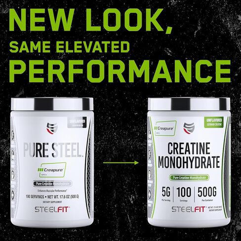 SteelFit Pure Steel Creapure - Pure German Creatine Monohydrate Powder - 100 Servings, 500 Grams - for Athletes, Bodybuilders, and Fitness Enthusiasts - Unflavored, Gluten Free, Vegan in Kuwait