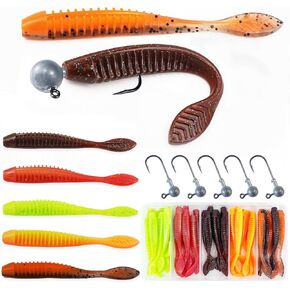 Soft Plastic Fishing Lures 45-Piece Kit with Jig Heads | Realistic Leaf Tail TPE Swimbaits | Lifelike Swimming Action Bass Baits for Freshwater & Saltwater Game Fish