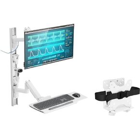 MED10 Medical Monitor Wall Mount with Folding Keyboard Tray and Mouse Pad | Scanner Holder | Heavy Duty Height Adjustment Folding Design for 17"-49" Monitor On Wall Track with Mini CPU Wall Mount
