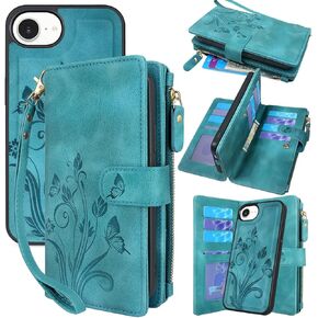 Lacass Case Wallet Compatible with iPhone 16e, [12 Card Slots] ID Credit Cash Holder Zipper Pocket Detachable Leather Wallet Cover with Wrist Strap Lanyard（Floral Blue Green）