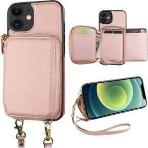 Bocasal RFID Blocking Wallet Case for iPhone 12/12 Pro, Adjustable Crossbody Zipper Purse Case Card Holder with Kickstand Detachable Wrist Strap, PU Leather Flip Folio Case 6.1 Inch 5G (Black)