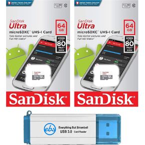 SanDisk Ultra 64GB microSDXC Memory Card (2 Pack) UHS-I Class 10 SDSQUNS-064G-GN3MN Bundle with (1) Everything But Stromboli 3.0 SD/TF Micro Card Reader