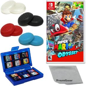 Super Mario Odyssey for Nintendo Switch (US Version), with PremGear Thumb Grips (8 pack - Black, Blue, Red & Clear), 24 Slot Game Card Holder & Cleaning Cloth