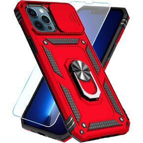 متوافق مع SunStory مع Iphone 13 Pro Max Case مع حامي شاشة HD وغطاء كاميرا الشريحة و Kickstand Ring Ring ، [من الدرجة العسكرية] على iPhone 13 Pro Max (Red)