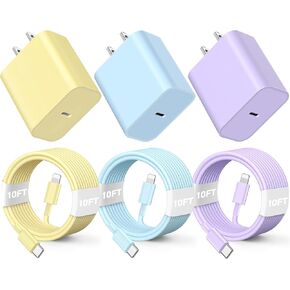 3Pack 10FT Long ightning Cable,20W Fast Charging Phone ightning Cable Phone Charger Cord for Phone 14/13/12/12 Pro Max/11/Xs Max/XR/X,AirPods Pro,Yellow,Blue,Purple