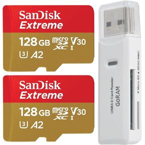 SanDisk 128GB (2 Pack) Extreme microSDXC 190MB/s UHS-I Memory Card SDSQXAA-128G-GN6MN Bundle with (1) GoRAM Card Reader (128GB, 2 Pack)